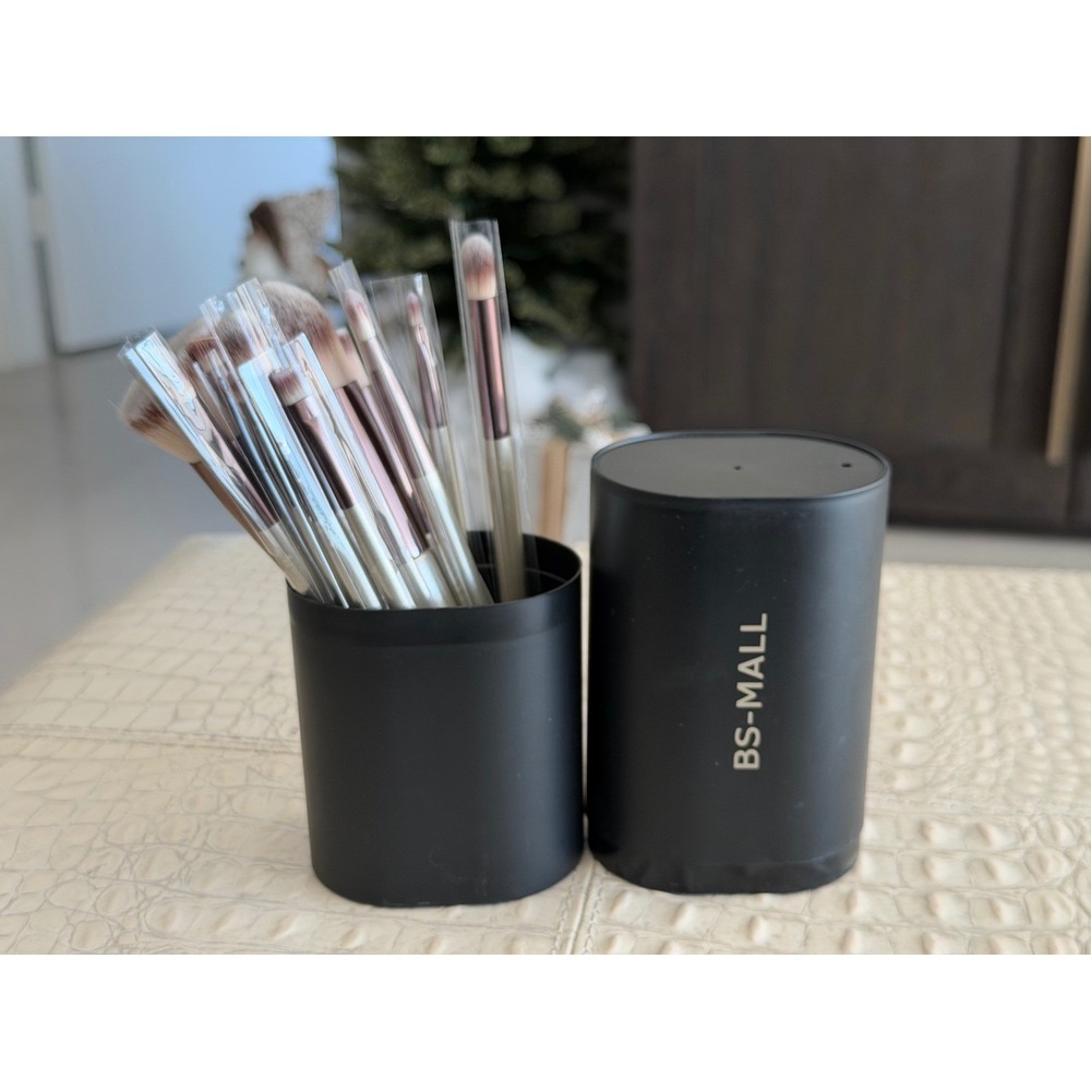 BS MALL Makeup Brush Set 15 Piece Professional Cosmetic Brushes Black Holder NWT